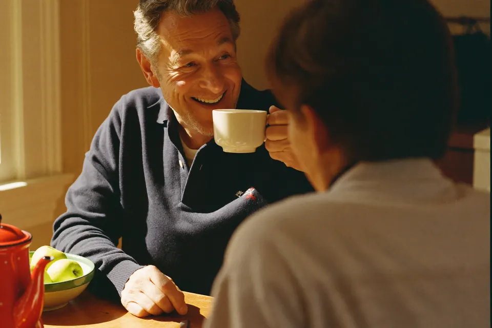 A man in his sixties at his kitchen table, cup in hand, grinning at someone sitting across from him.